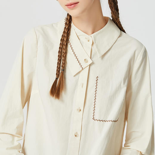 Famecoco范可儿小众原创不规则领衬衫女春秋白色纯棉长袖明线衬衣F225BH014 商品图4