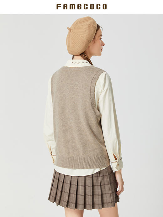 Famecoco范可儿羊毛针织马甲背心女春秋V领无袖叠穿毛衣坎肩纯色F225CA023 商品图3