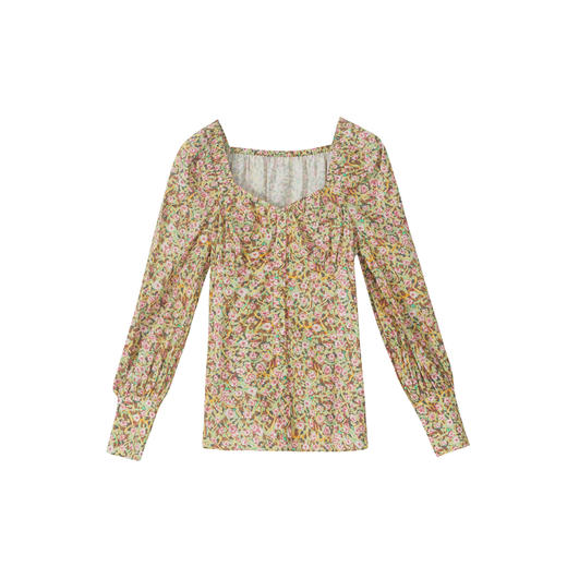 谜底纯棉长袖衬衫女2022秋V领小碎花收腰显瘦灯笼袖上衣223MS1184 商品图4