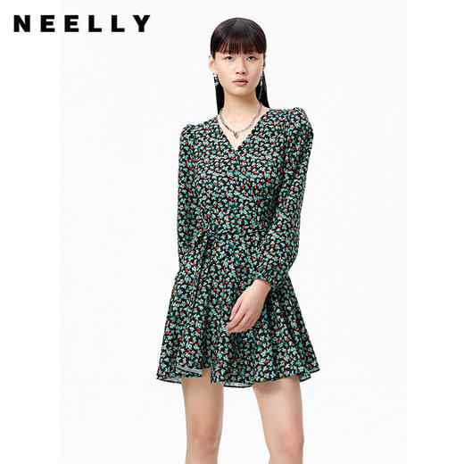 NEELLY纳俪商场同款连衣裙女气质V领泡泡袖A字裙收腰系带茶歇裙N22082Y01097 商品图0