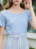欧芮儿女装夏装条纹t恤拼接百褶裙网纱连衣裙女中长款 商品缩略图2