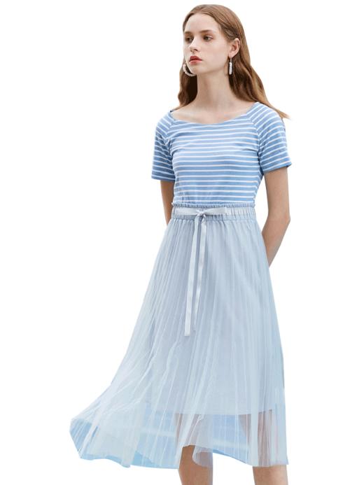 欧芮儿女装夏装条纹t恤拼接百褶裙网纱连衣裙女中长款 商品图3