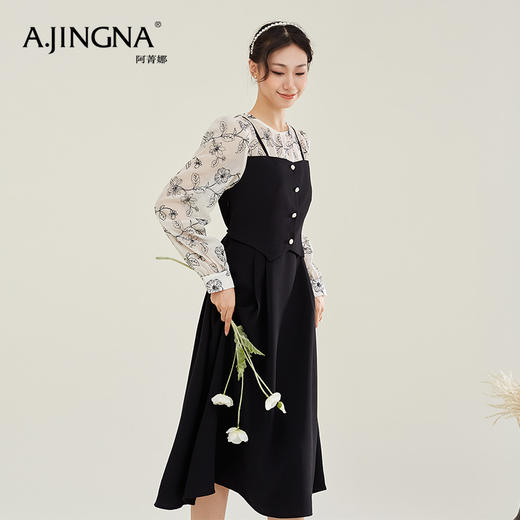 【特价不退换】阿菁娜绣花拼接撞色小黑裙法式假两件a字大摆长袖连衣裙F27Q212029 商品图3