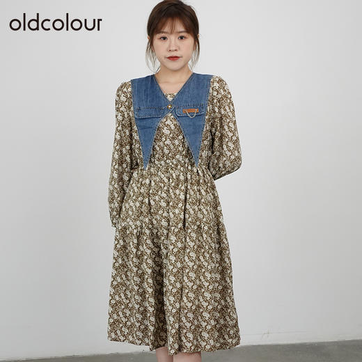 oldcolour2021秋商场同款气质拼接高腰显瘦碎花连衣裙DN33103420 商品图0