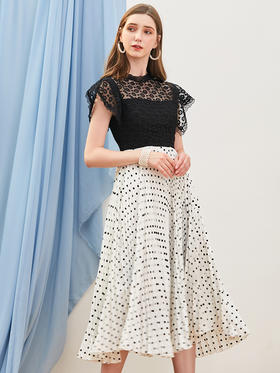 欧芮儿夏装2019新款女装蕾丝拼接连衣裙中长款气质波点百褶女裙