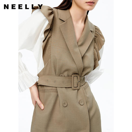 NEELLY纳俪商场同款连衣裙女2022秋季新品拼接袖西装领A字裙收腰N22082Y01095 商品图3