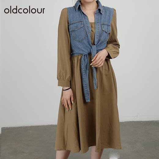 oldcolour2021秋商场同款设计感拼接假两件长款连衣裙DN33103421 商品图2