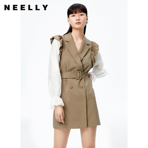 NEELLY纳俪商场同款连衣裙女2022秋季新品拼接袖西装领A字裙收腰N22082Y01095 商品图0