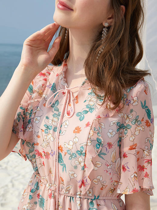 欧芮儿夏装2019女装碎花木耳边连衣裙女中长款收腰显瘦女裙 商品图2