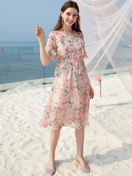 欧芮儿夏装2019女装碎花木耳边连衣裙女中长款收腰显瘦女裙 商品图3
