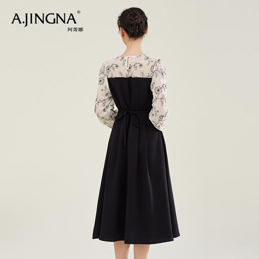 【特价不退换】阿菁娜绣花拼接撞色小黑裙法式假两件a字大摆长袖连衣裙F27Q212029 商品图4
