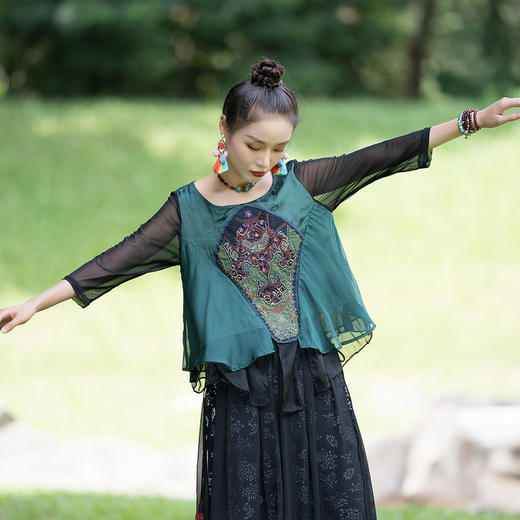 2022秋新款民族风复古重工绣花拼接七分袖改良唐装上衣 XY-YZS9098 商品图1