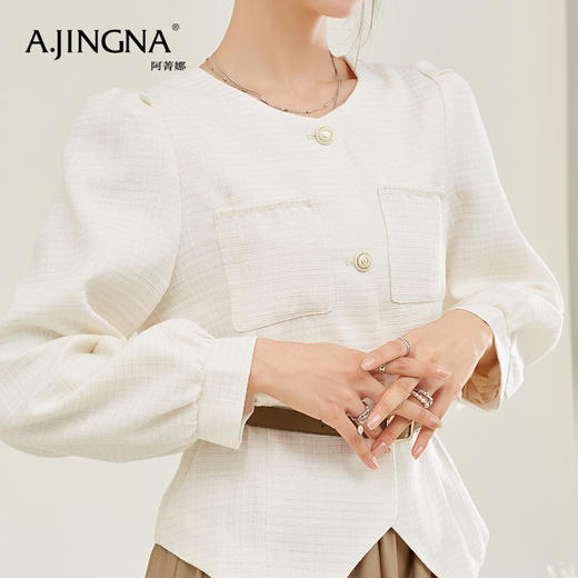 【特价不退换】阿菁娜小香风套装女圆领泡泡袖上衣+a字半身裙二件套F27Q230002 商品图3