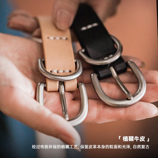 马登女装复古植鞣头层真牛皮小皮带简约百搭双环金属针扣装饰腰带 商品图2