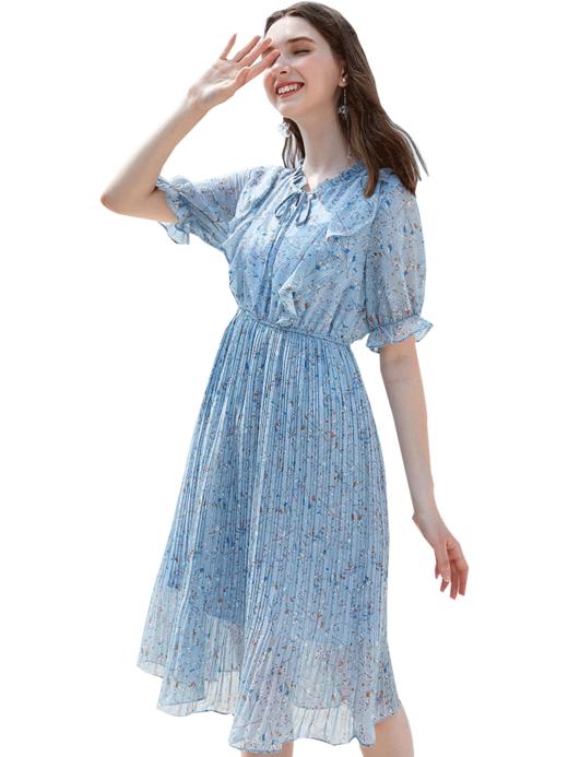 欧芮儿2019新款雪纺连衣裙女中长款女装夏装系带碎花荷叶边女裙子 商品图3