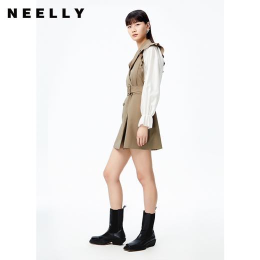 NEELLY纳俪商场同款连衣裙女2022秋季新品拼接袖西装领A字裙收腰N22082Y01095 商品图1