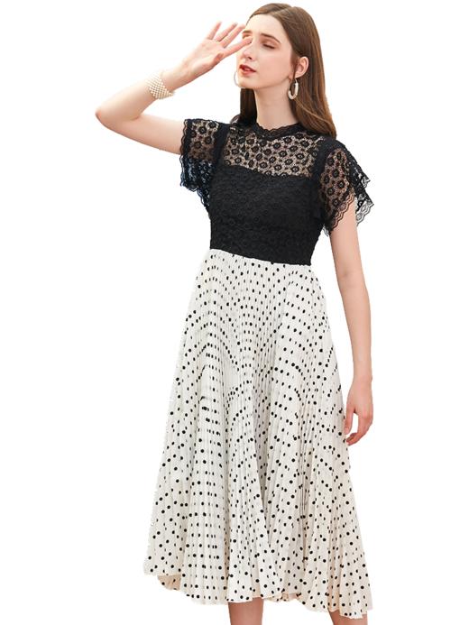 欧芮儿夏装2019新款女装蕾丝拼接连衣裙中长款气质波点百褶女裙 商品图3