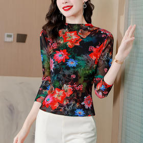 KQL 520N98351网纱印花T恤 弹力修身套头小衫