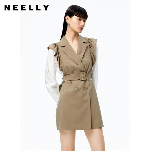 NEELLY纳俪商场同款连衣裙女2022秋季新品拼接袖西装领A字裙收腰N22082Y01095 商品图2