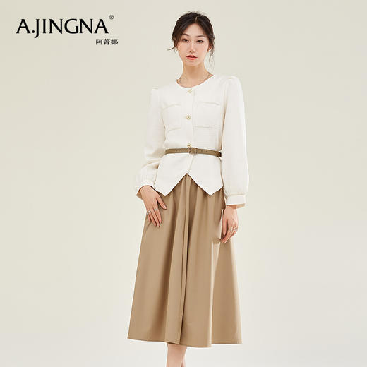 【特价不退换】阿菁娜小香风套装女圆领泡泡袖上衣+a字半身裙二件套F27Q230002 商品图0