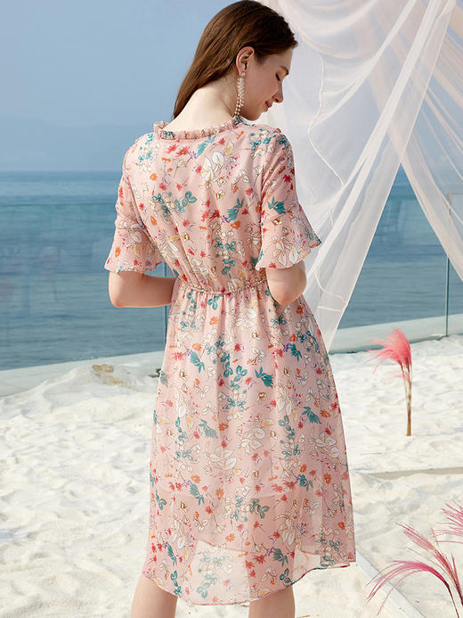 欧芮儿夏装2019女装碎花木耳边连衣裙女中长款收腰显瘦女裙 商品图1