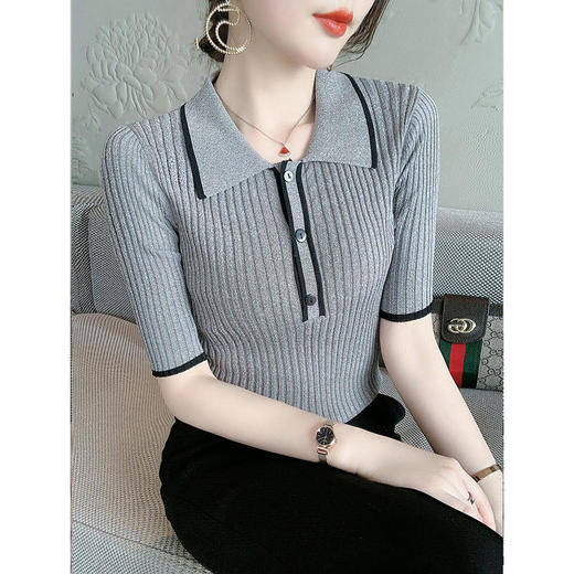 SJ-MX9010 冰丝针织衫短袖T恤夏季女装2022新款气质打底衫薄款半袖修身上衣 商品图0