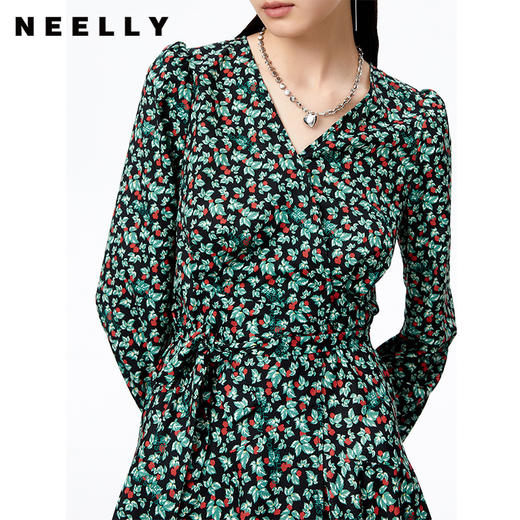 NEELLY纳俪商场同款连衣裙女气质V领泡泡袖A字裙收腰系带茶歇裙N22082Y01097 商品图3