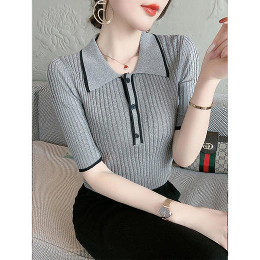 SJ-MX9010 冰丝针织衫短袖T恤夏季女装2022新款气质打底衫薄款半袖修身上衣 商品图3