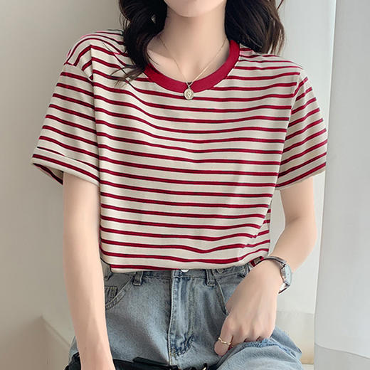 【拉夏贝尔同厂】条纹t恤短袖 长袖宽松显瘦2023年夏新款打底女体恤休闲半袖 商品图9