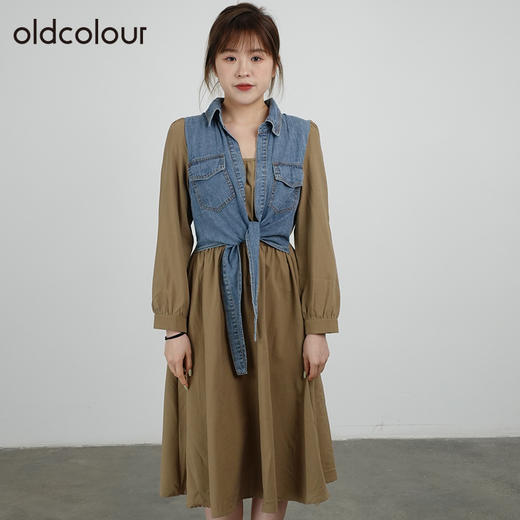 oldcolour2021秋商场同款设计感拼接假两件长款连衣裙DN33103421 商品图0