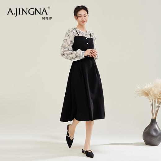 【特价不退换】阿菁娜绣花拼接撞色小黑裙法式假两件a字大摆长袖连衣裙F27Q212029 商品图2