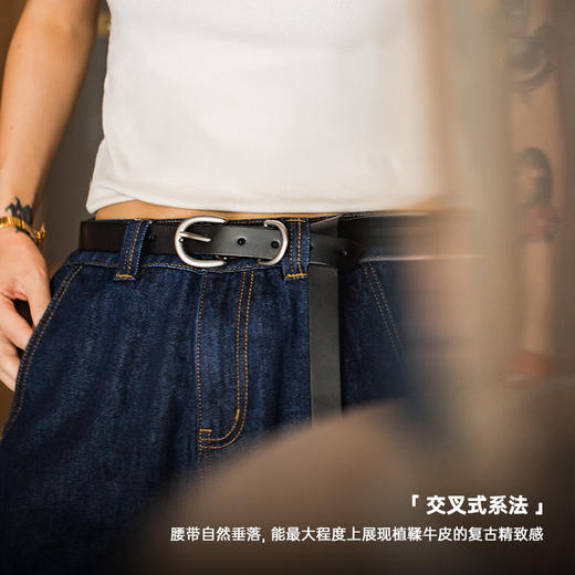 马登女装复古植鞣头层真牛皮小皮带简约百搭双环金属针扣装饰腰带 商品图3