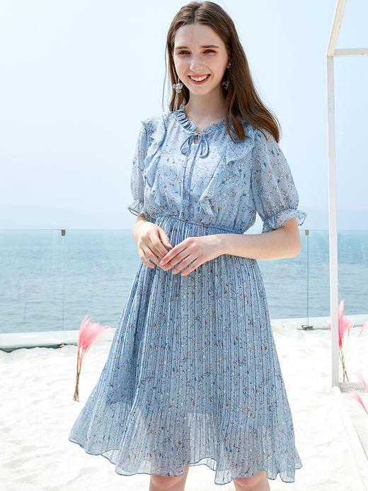 欧芮儿2019新款雪纺连衣裙女中长款女装夏装系带碎花荷叶边女裙子 商品图2