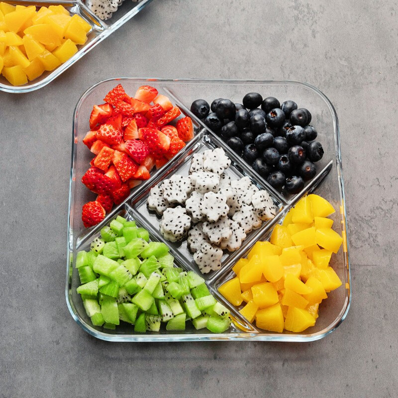 【笑麻麻の菲内克斯】钢化玻璃拼盘方形五分格零食水果小吃干果瓜子配菜多用途餐盘 9英寸旋风A款