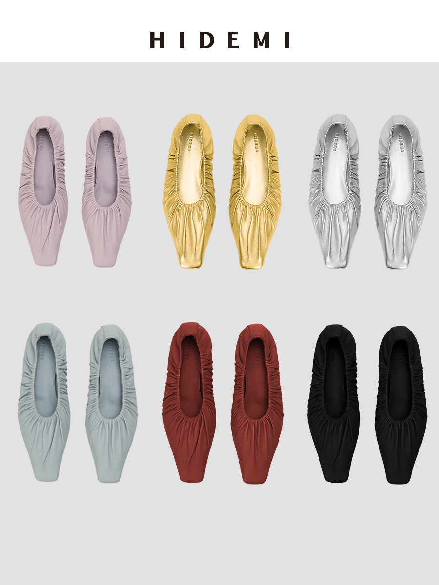 HIDEMI 褶皱小羊皮方尖头平底鞋 黑色/马卡龙蓝/酒红色/银色