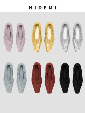 HIDEMI 褶皱小羊皮方尖头平底鞋 黑色/马卡龙蓝/酒红色/银色