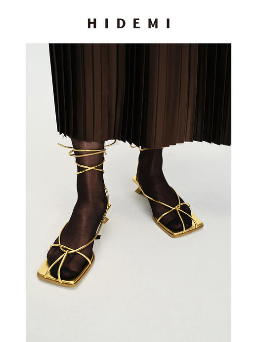 HIDEMI方头系带设计感小跟凉鞋 红色/黑色/白色/金色 商品图3