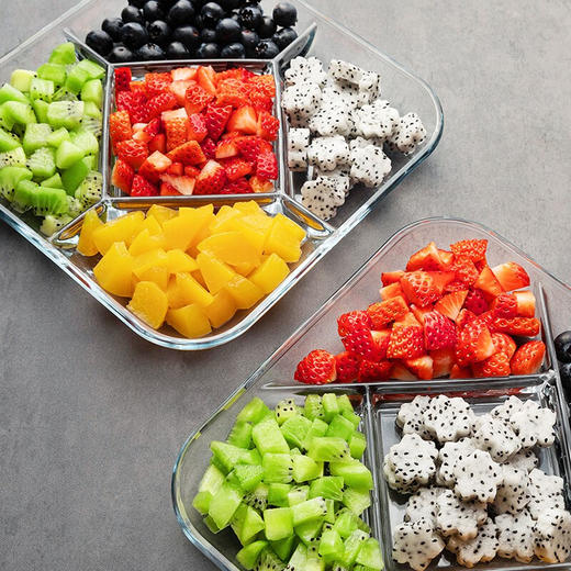 【笑麻麻の菲内克斯】钢化玻璃拼盘方形五分格零食水果小吃干果瓜子配菜多用途餐盘 9英寸旋风A款 商品图1