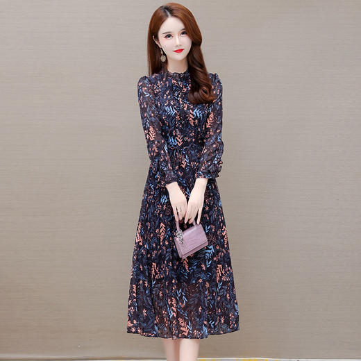 YWE OMS209-1气质优雅长袖印花中长款连衣裙 商品图1