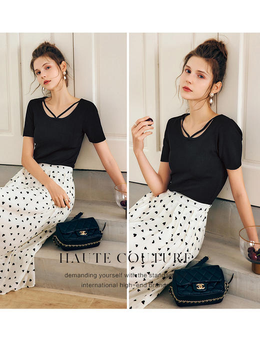 OLrain欧芮儿法式黑色短袖T恤女夏季2022新款修身设计感纯色上衣 商品图0