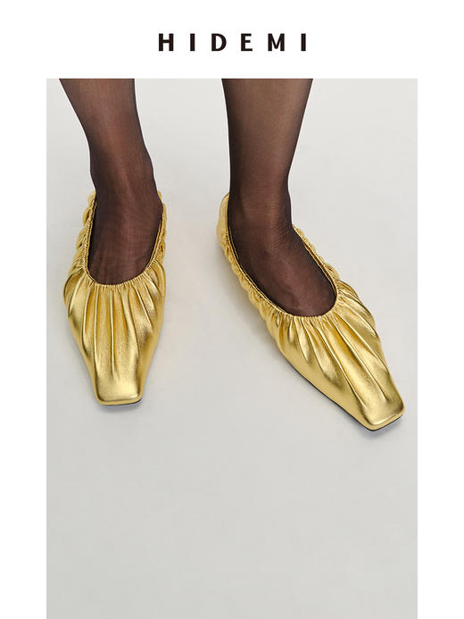 HIDEMI 褶皱小羊皮方尖头平底鞋 黑色/马卡龙蓝/酒红色/银色 商品图5