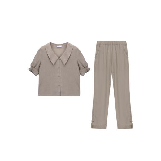 可外穿家居服 BLEO 亲肤轻盈亚麻尖领短袖长裤套装 商品图1