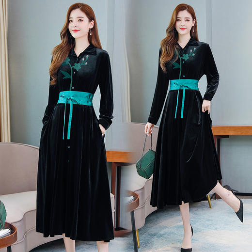 2022春秋季新款复古风连衣裙复古绣花连衣裙排扣长袖打底连衣裙女 HR-ZMFS90808 商品图2