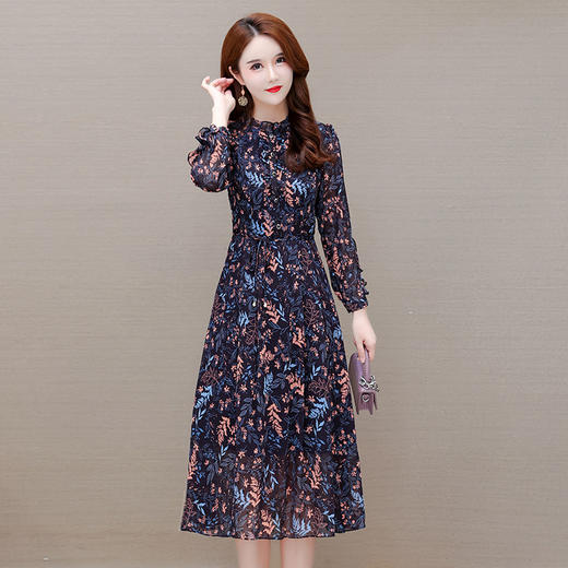 YWE OMS209-1气质优雅长袖印花中长款连衣裙 商品图2