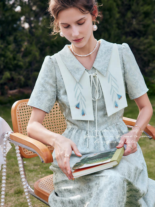 OLrain法式高级穿搭提花短袖连衣裙女夏季2022新款可拆卸刺绣领裙 商品图2