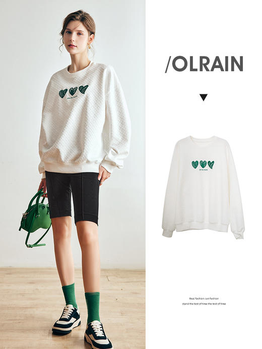 OLrain法式白色套头卫衣女早秋2022新款宽松立体爱心刺绣圆领上衣 商品图0