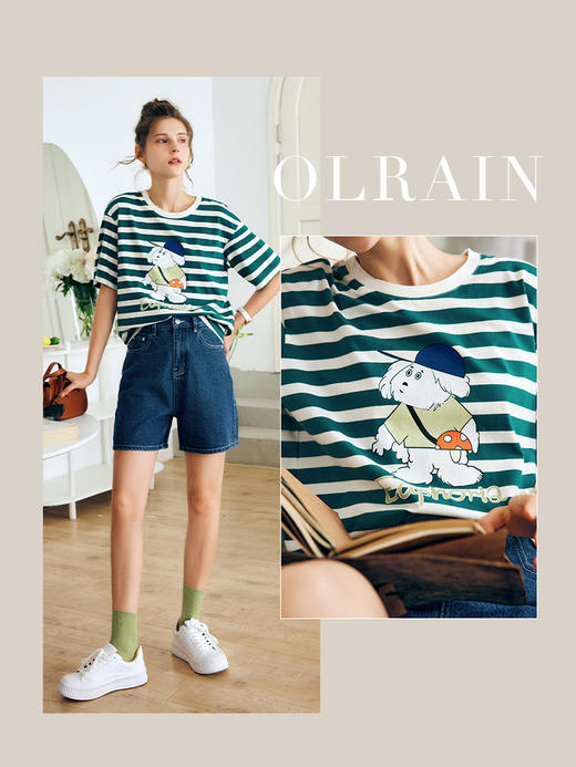 OLrain法式条纹短袖T恤女夏季2022新款宽松显瘦狗狗印花圆领上衣 商品图0
