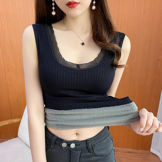 黛唯梵【贴身版型，美度寒冬】保暖背心女，加绒加厚双层蕾丝V领带胸垫秋冬保暖上衣女，内搭打底衫 商品图2