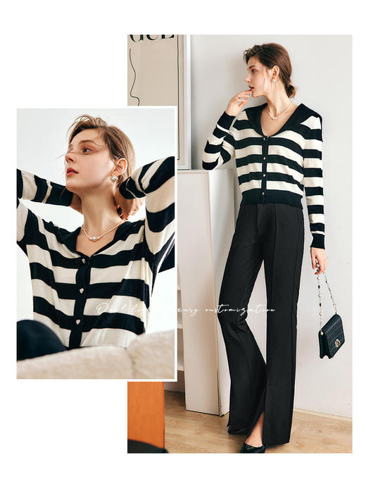 OLrain法式黑白条纹针织开衫女早秋2022年新款时尚修身海军领上衣 商品图0