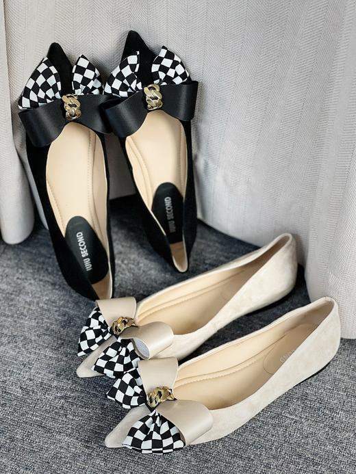 IUIU SECOND2022秋新款蝴蝶结时尚棋牌格浅口单鞋女时装平底18441 商品图0